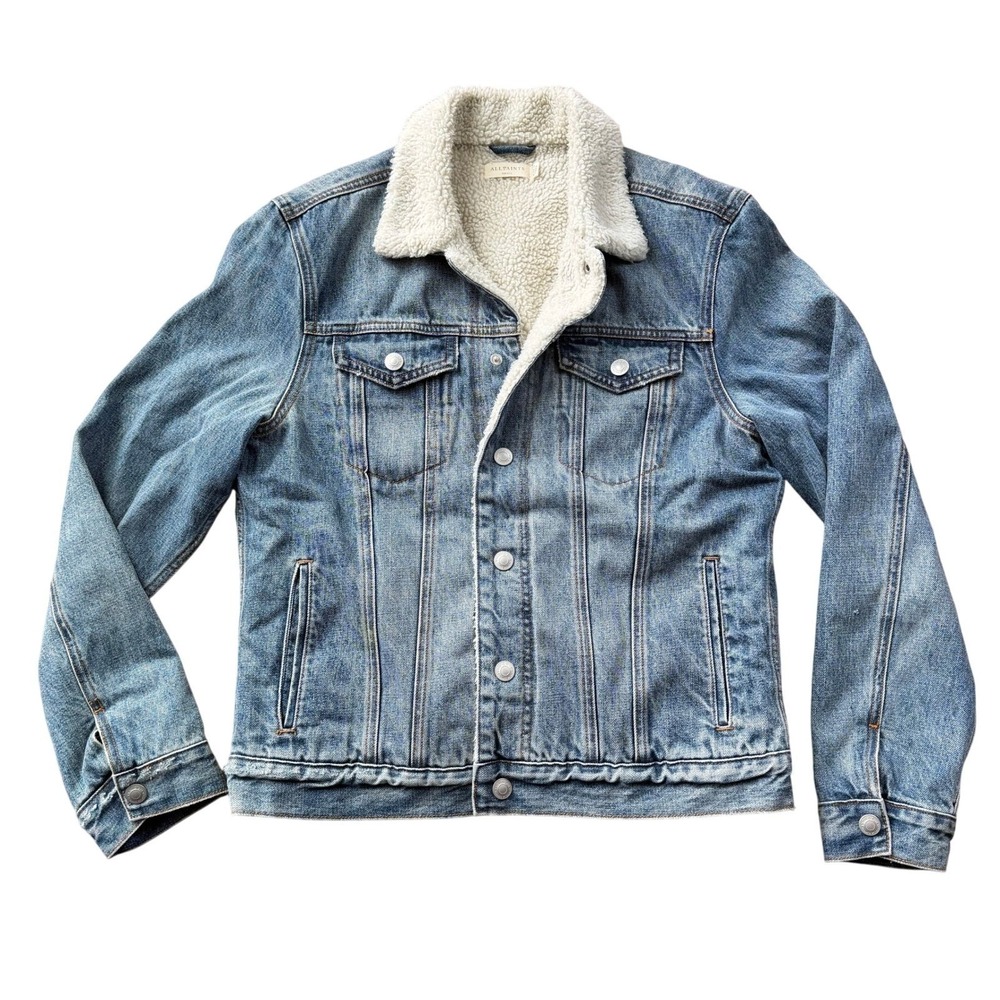 AllSaints Interbay Denim Jacket Unisex Small Stonewashed Sherpa Fleece Lined